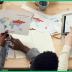 employees discussing continuous security controls review framework data on their laptop