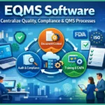 One person working on laptop and two more employees discussing EQMS software for their business