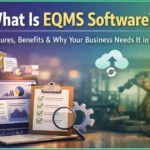 EQMS Software key features described with a laptop and checklist report