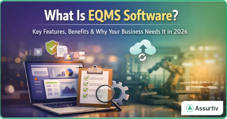 EQMS Software key features described with a laptop and checklist report